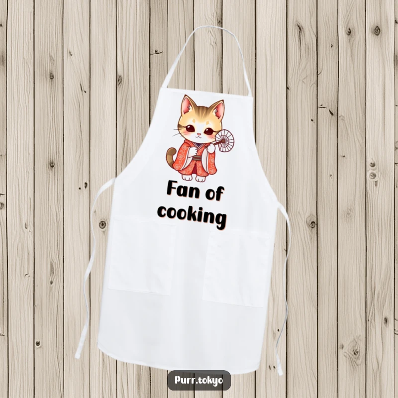 Funny apron showcasing a cute cat in a red kimono holding a delicate fan, perfect for stylish cooking sessions.