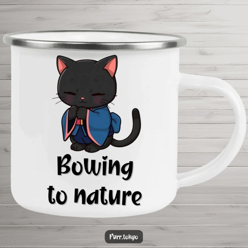Funny camping mug of a black cat in a deep blue kimono bowing gracefully, ideal for outdoor elegance.