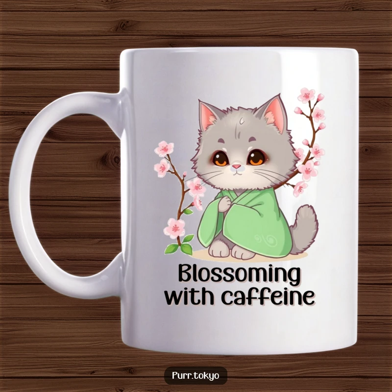 Funny mug showcasing a fluffy grey cat in a green kimono sitting peacefully beside a blooming cherry blossom tree.
