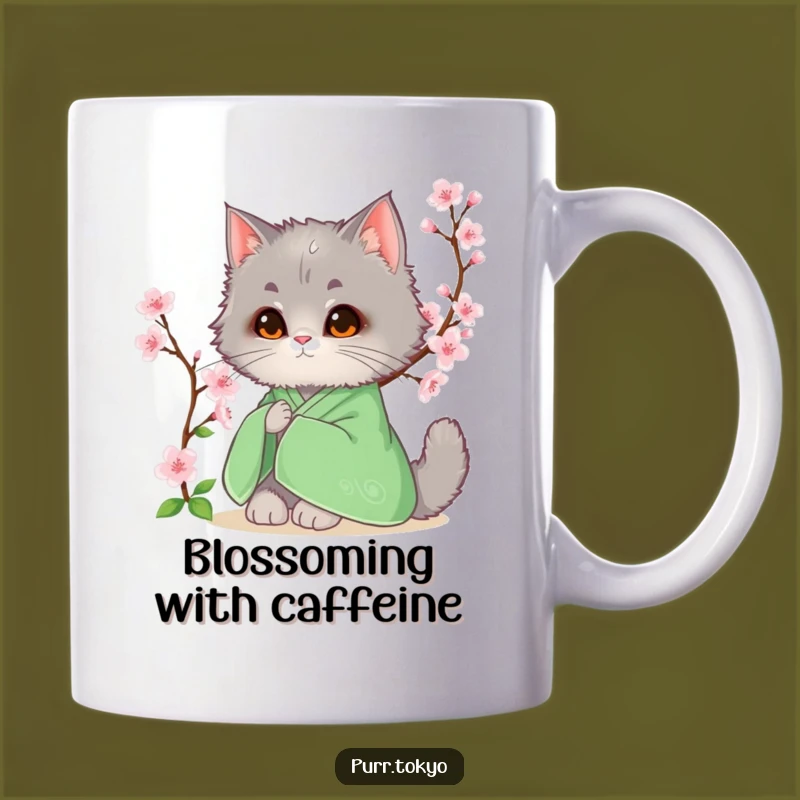Funny Grey Cat Blossom Mug - Serene Feline Gift, Springtime Coffee Mug
