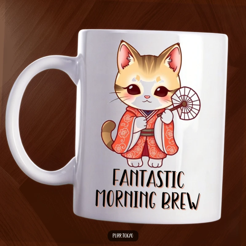 Funny mug depicting a cute cat in a vibrant red patterned kimono, gracefully holding a delicate fan, exuding feline charm.