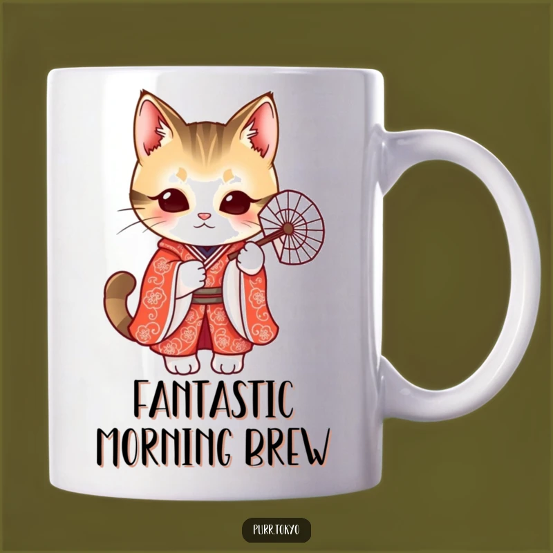 Funny Cat Kimono Fan Mug - Elegant Feline Gift, Unique Japanese Style Coffee Mug