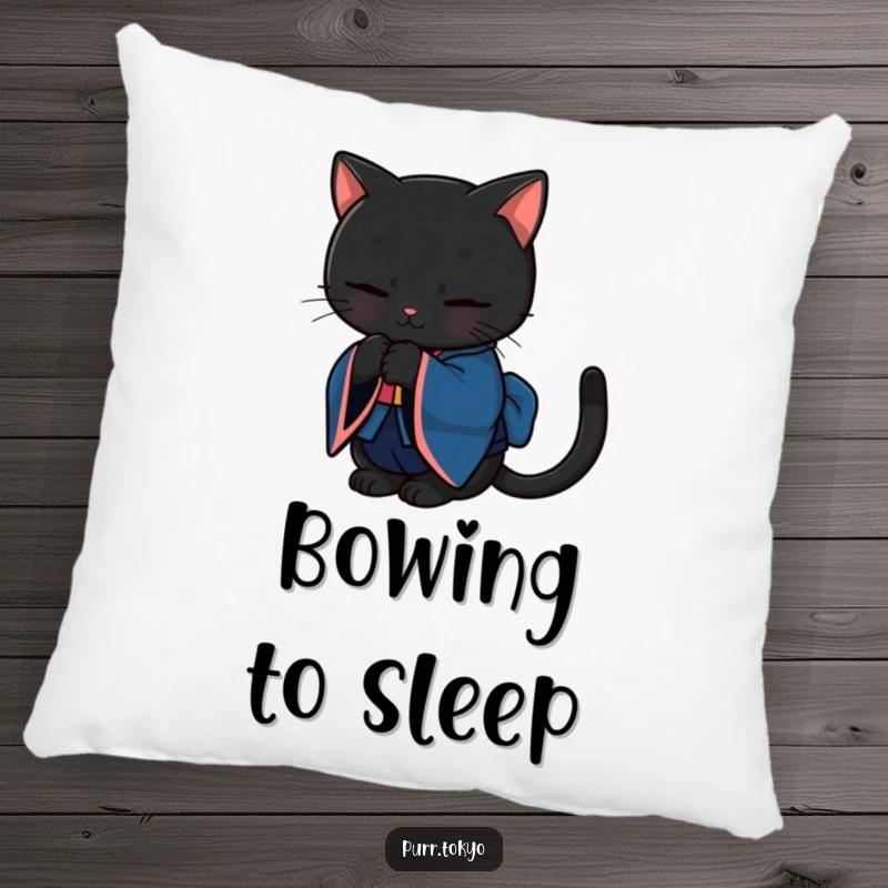 Funny pillow featuring a black cat in a deep blue kimono bowing gracefully, bringing softness and refined charm.
