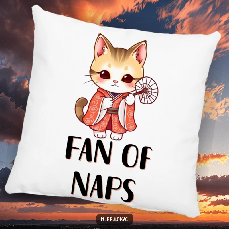 Funny pillow featuring a cute cat in a red kimono holding a delicate fan, offering comfort with a touch of class.