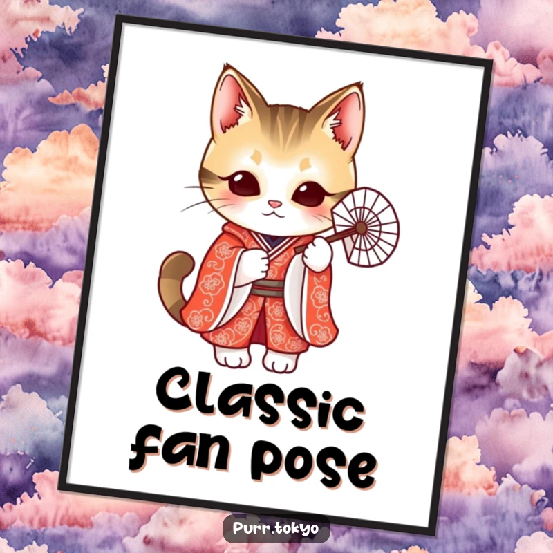 Funny digital art print of a cute cat in a vibrant red kimono holding a delicate fan, embodying Japanese grace.