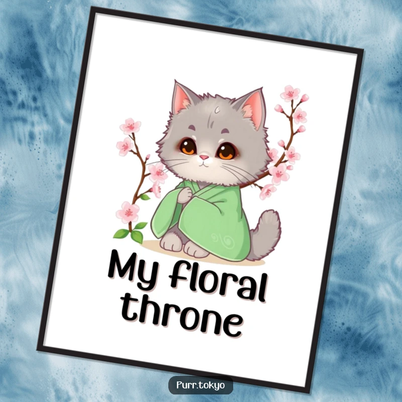 Funny digital art print of a fluffy grey cat in a green kimono sitting peacefully beside a blooming cherry blossom.