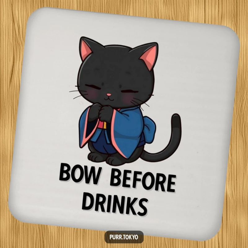 Funny coaster featuring a black cat in a deep blue kimono bowing gracefully, adding sophistication to any table.