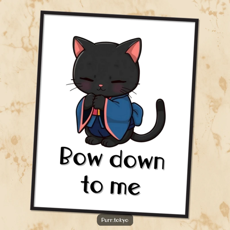 Funny poster art of a black cat in a deep blue kimono bowing gracefully, symbolizing respect and Japanese aesthetics.