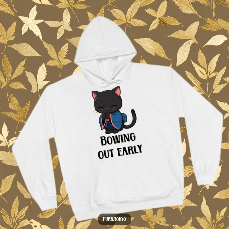 Funny hoodie showcasing a black cat in a deep blue kimono bowing gracefully, combining warmth with Japanese elegance.