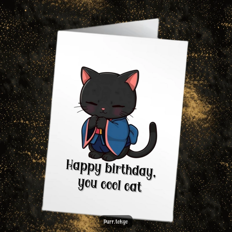 Funny Free Printable Birthday Card: A black cat in a blue kimono bows gracefully, a sophisticated DIY gift.