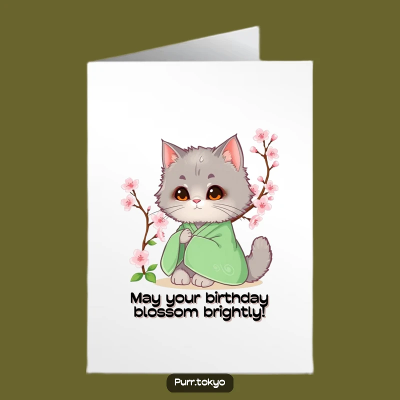 Free Printable Birthday Card: Cat Cherry Blossom Cute Celebration Funny Gift