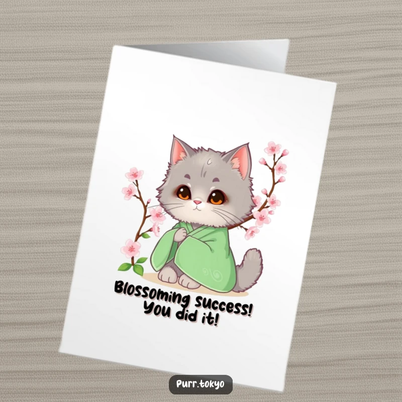 Funny Free Printable Congratulations Card: A grey cat in a green kimono rests near cherry blossoms, a delightful DIY gift.