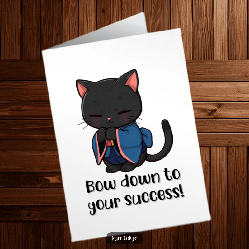 Funny Free Printable Congratulations Card: A black cat in a deep blue kimono bows gracefully, a chic DIY gift.