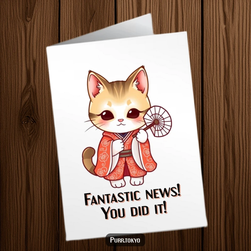 Funny Free Printable Congratulations Card: A cat in a vibrant red kimono holding a fan, a sophisticated DIY gift.