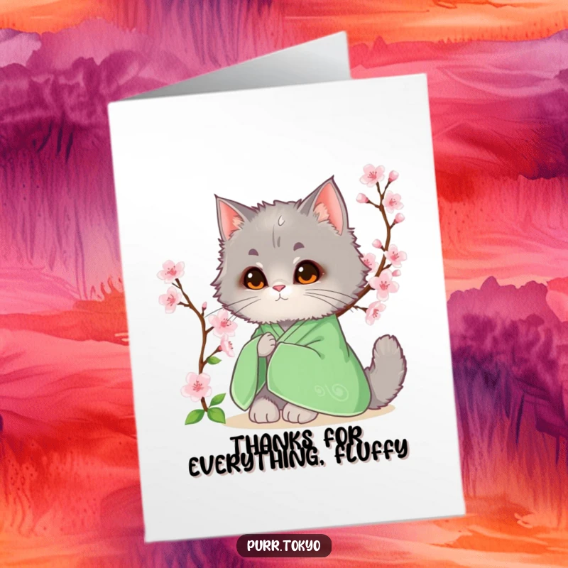 Funny Free Printable Thank You Card: A fluffy grey cat in a green kimono sits by blooming cherry blossoms, a sweet DIY gift.