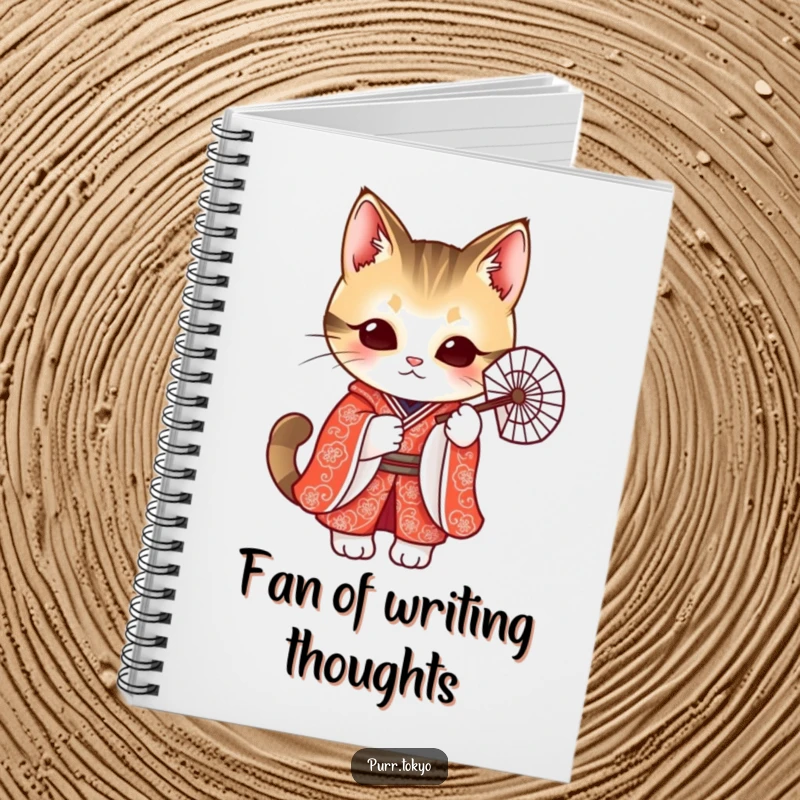 Funny notebook with a cute cat in a red kimono holding a delicate fan, designed for elegant note-taking.
