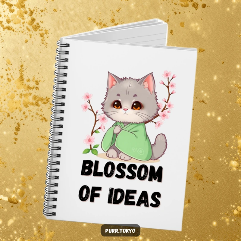 Funny notebook with a fluffy grey cat in a green kimono sitting beside a blooming cherry blossom, for peaceful notes.