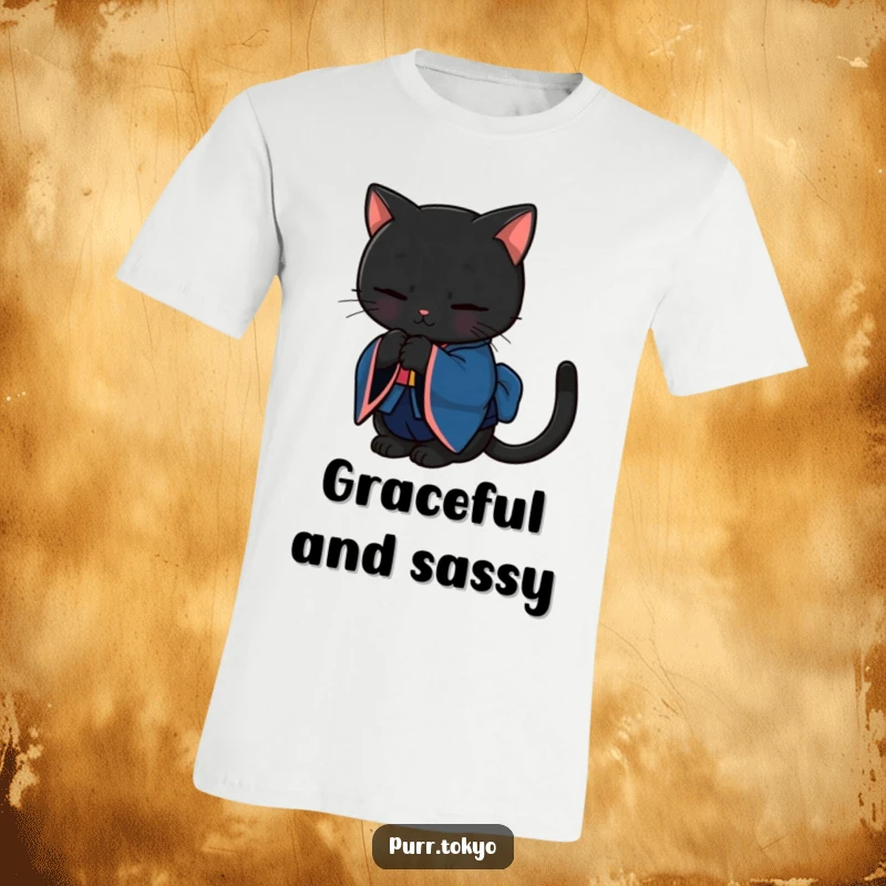Funny t-shirt featuring a black cat wearing a deep blue kimono, executing a graceful bow with poise.