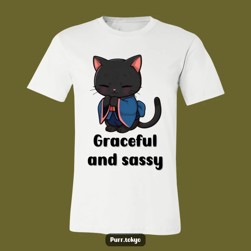 Funny Black Cat Kimono Tee - Bowing Feline Shirt, Chic Animal Lover Funny Gift