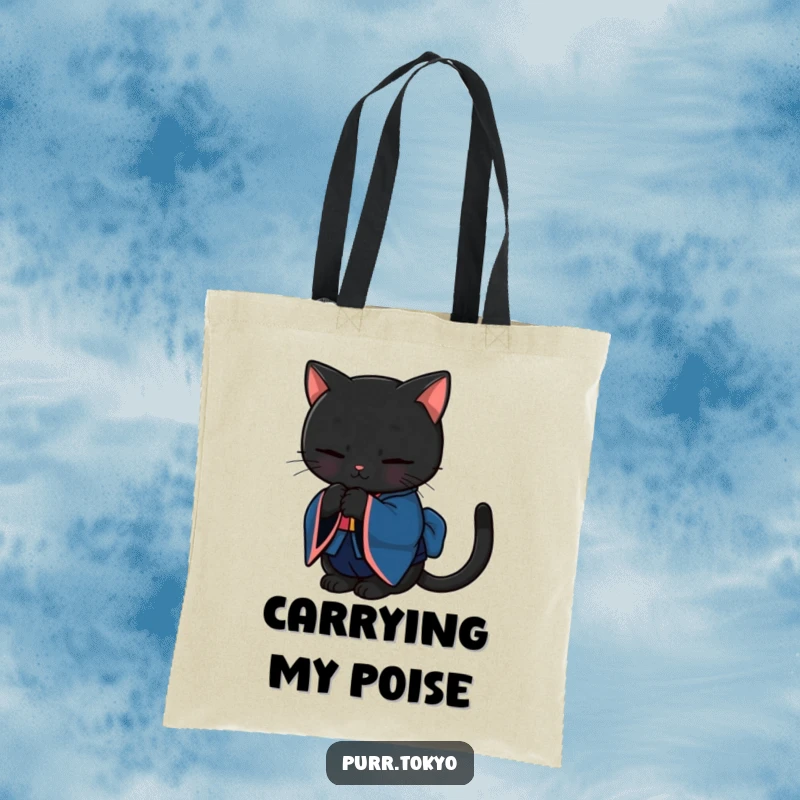 Funny tote bag featuring a black cat in a deep blue kimono bowing gracefully, ideal for stylish transport.